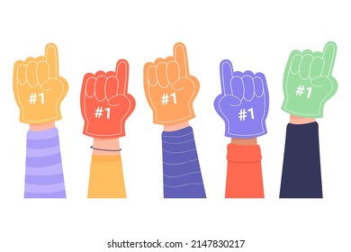 Colorful fans foam fingers flat vector illustration. Sports gams fans cheering football, soccer or basketball team. Support, competition, encouragement, winning concept