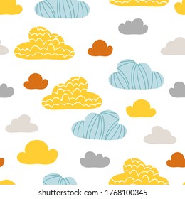 Coloridas nubes fantásticas sin fisuras. Cielo de ilustración vectorial al estilo escandinavo de caricatura. Diseño infantil para ropa de bebé, ropa de cama, textiles, obras de arte en la pared infantil y tarjetas.