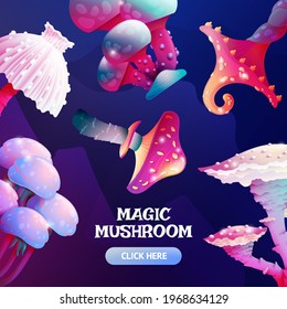 Colorful Fantasy Alien Mushroom Banner Template with Button. Cartoon Fungus and Unrealistic Uneartly Nature with Luminous Caps on Dark Background. For Game Design, Invitation, Book Cover, Social Media