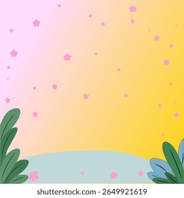 Colorful fantasy background with pink and yellow gradient sky, star elements, and decorative leaves. Perfect for children’s designs, storybooks, party invitations, and cartoon themes
