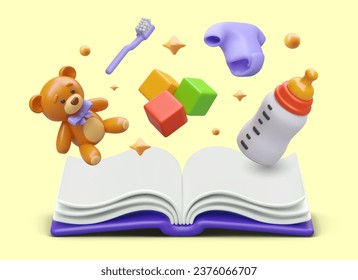 Colorful fantasy book with 3d teddy bear and educational cubes, bottle with milk, toothbrush for kid and bodysuit. Parenting course concept. Vector illustration