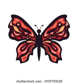 Colorful fantasy butterfly with simple patterns on the wings. Insect. Illustration on a white isolated background.