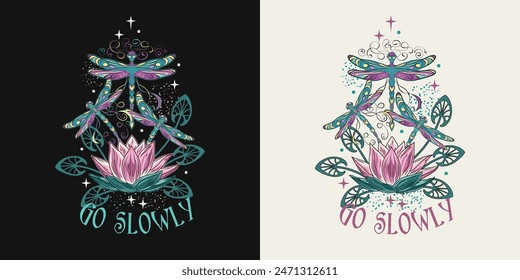 Colorful fantasy composition, label with lotus flower, flying fantasy dragonflies, dragonfly pixie, faerie, stars, text. Mysterious, mystical concept. Vintage style.