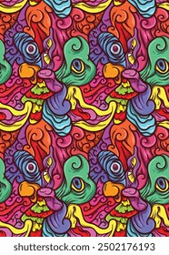 colorful fantasy creatures of abstract psychedelic bright color repeatable seamless pattern vector illustration