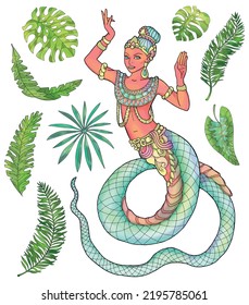 Colorful fantasy design set with ethnic Thailand demon and mythology monster as mermaid isolated on white, cartoon style, Asian and India culture concept