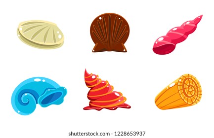 Colorful fantasy glossy seashells set, user interface assets for mobile apps or video games vector Illustration on a white background