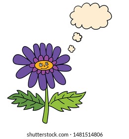 Colorful fantasy happy cartoon flower character with thought bubble isolated on white background. Vector illustration. 
