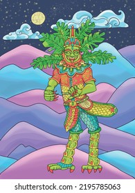Colorful fantasy illustration with ethnic Thailand demon and mythology creature against landscape with mountains at night, cartoon style for poster and cards, Asian and India culture concept