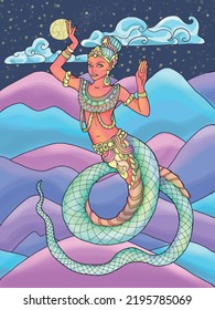 Colorful fantasy illustration with ethnic Thailand demon and mythology creature against landscape with mountains at night, cartoon style for poster and cards, Asian and India culture concept