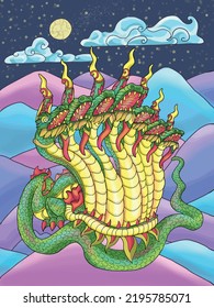 Colorful fantasy illustration with ethnic Thailand demon and mythology creature against landscape with mountains at night, cartoon style for poster and cards, Asian and India culture concept