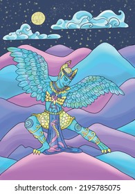 Colorful fantasy illustration with ethnic Thailand demon and mythology creature against landscape with mountains at night, cartoon style for poster and cards, Asian and India culture concept