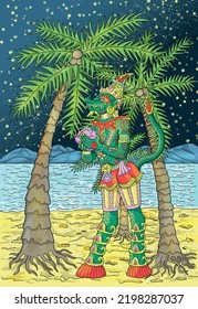 Colorful fantasy illustration with ethnic Thailand demon and mythology creature against palms and seashore at night, cartoon style for poster and cards, Asian and India culture concept