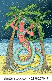 Colorful fantasy illustration with ethnic Thailand demon and mythology creature against palms and seashore at night, cartoon style for poster and cards, Asian and India culture concept
