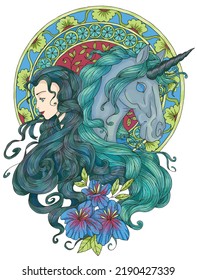 Colorful fantasy illustration with hand drawn beautiful fairy girl or princess and magic unicorn horse with flower isolated on white background, mystic or fable vector clip art 