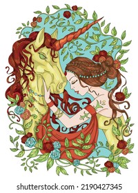 Ilustración de fantasía colorida con hermosas hadas o princesas dibujadas a mano y caballo unicornio mágico con flor aislado en fondo blanco, místico o fábula vectorial 