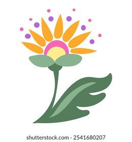 Colorful fantasy illustration of stylized flower with vibrant orange petals, green leaves, and decorative pink and purple dots, inspired by Mexican folk art. Vector hand drawn illustration