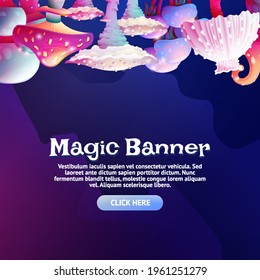 Colorful Fantasy Magic Mushroom Border Landscape Set at the Top of Square Background. Cartoon Fungus and Unrealistic Uneartly Alien Botany with Luminous Caps. For Game Design, Party Invitation. 