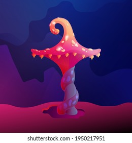Colorful Fantasy Magic Mushroom Vector Design. Forest Fungus and Unrealistic Uneartly Botany with Luminous Caps, Twisted Barrel and Pendants. For Game Concept, Cartoon Background, Storybook, Stickers