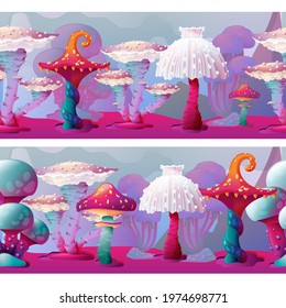 Colorful Fantasy Magic Mushrooms Seamless Border Landscape Set. Fungus and Unrealistic Uneartly Alien Botany with Luminous Caps. For Game Scene Concept, Cartoon Background, Birthday Party Invitation. 