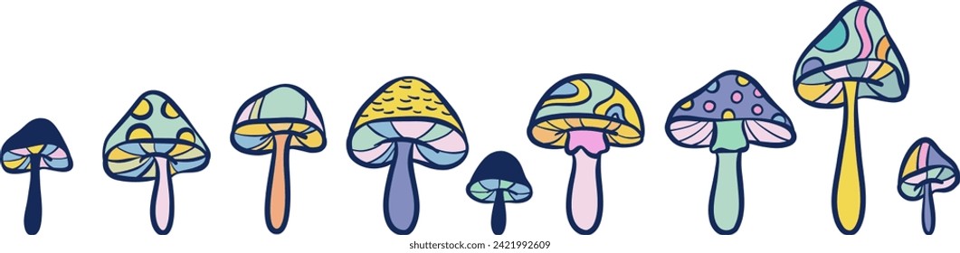 Colorful fantasy mushroom doodle, vector plant illustration set, vibrant retro clip art elements