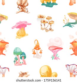 Colorful fantasy mushrooms seamless pattern. Bright fairytale fungus with legs and caps on white background. Hallucinogenic botanical ingredients vector illustration. Unusual psychedelic plant