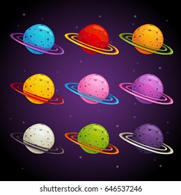 Colorful fantasy planets set. Vector space icons.