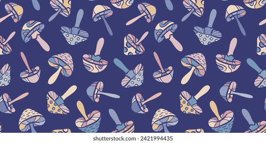 Colorful fantasy psychedelic mushroom background, seamless repeat pattern vector wallpaper design, dark blue with colorful illustration elements