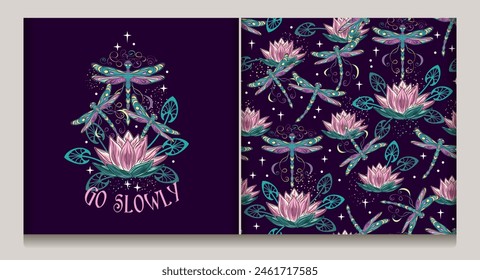 Colorful fantasy seamless pattern, emblem with lotus flower, flying fantasy dragonflies, dragonfly pixie, faerie, stars, text. Mysterious, fairytale concept. Vintage style.