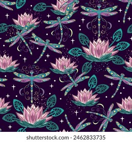 Colorful fantasy seamless pattern with lotus flower, flying fantasy dragonflies, dragonfly pixie, faerie, stars. Mysterious, fairytale concept. Vintage style.