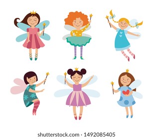 Colorful fantasy set of cute fairies or elves girls with wings cartoon flat vector illustration isolated on white background. Magic creatures characters for childish design.