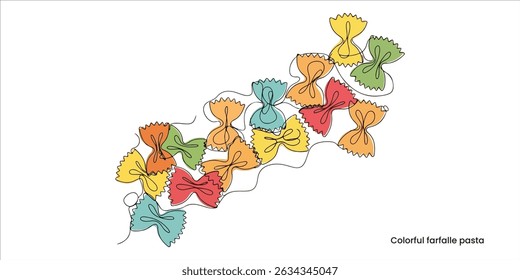 Colorful farfalle pasta continuous single line art drawing sketch on white background	