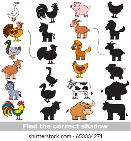 Colorful Farm Animals Set with different shadows to find the correct one, compare and connect object with it true shadow, the educational kid game with simple gaming level.