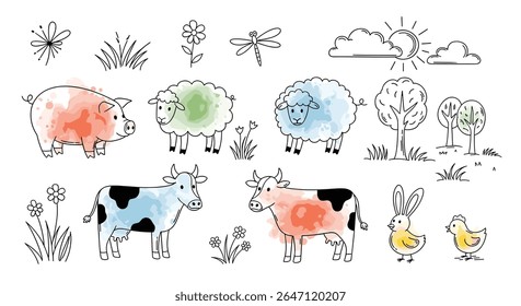 Colorful Farm Animals Watercolor Illustration Perfect for Children Books and Educational Materials