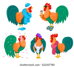 A colorful farm birds collection. Vector Illustration of Rooster, Hen, Chick and Eggs. Vector New Year symbol design.