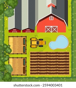 Colorful farm layout with barn, fields, and tractor