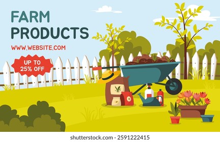 Colorful farm products sale promotion. Web banner with wheelbarrow, soil, fertilizer bags, watering can, gardening tools and potted plants. Concept of organic garden food. Flat vector illustration.