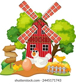 Colorful farm scene with windmill, birds, and eggs.