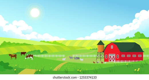 Colorful farm summer landscape, blue clear sky with sun, red barn, herd of cows, agriculture, flat style vector illustration