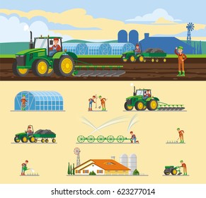 Colorful farming concept with different kinds of agricultural seasonal works and elements isolated vector illustration