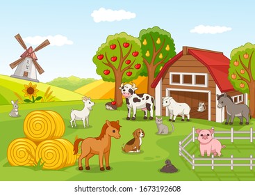 Colorful farmyard with assorted animals gathered outside a wooden barn and fruit orchard with laden trees against a backdrop of rolling green hills and windmill, vector illustration
