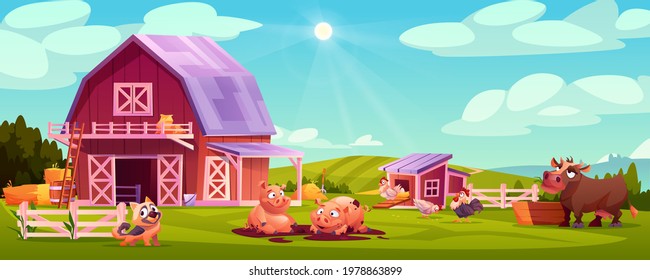 Colorful Farmyard With Domestic Animals And Poultry Outside Wooden Barn Green Rural Scenery Vector Illustration. Farm Landscape, Chicken Coop, Hens And Rooster, Cow Eating Hay, Cute Pigs, Dog Pet