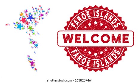 Colorful Faroe Islands map mosaic of stars, and textured rounded red WELCOME stamp. Abstract territorial plan in colorful color tints. Vector Faroe Islands map is shaped of color stars.