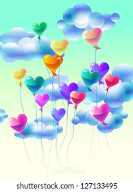 Colorful fashion background with heart balloons, love buttons for web, congratulations and labels