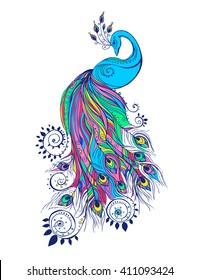 Colorful fashion card with peacock Color bird for the design of textiles, clothing, T-shirts, wallpaper, print, wall stickers. Decoration pattern. Stylish hand drawn map with peacock paisley oriental