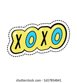 Colorful fashion cartoon sticker with text xoxo, trendy patch badge with slang abbreviation, vector illustration