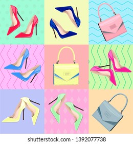 Colorful fashion hight heel shoes and bags background. Red, blue, yellow, pink and green elegant shoes and grey, pink and yellow women bags on the different color carpets