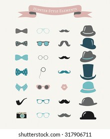 Colorful Fashion Hipster Retro Vintage Icon Set. Vector Illustration. Decorative Design Elements. Hats, Mustaches, Glasses, Bow Ties