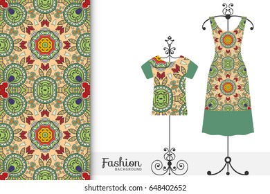 Colorful fashion illustration. Hand drawn vertical seamless pattern, t-shirt and women's dress model on a hanger. Isolated design elements for fabric textile or paper print
