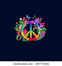 Colorful fashion print for t-shirt, bag design and hippy party poster with hippie peace symbol, flower-power, rainbow, paisley and butterflies on dark background