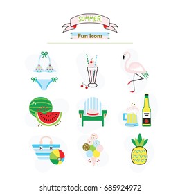 Colorful fashion trends summer and beach fun icons set on white background